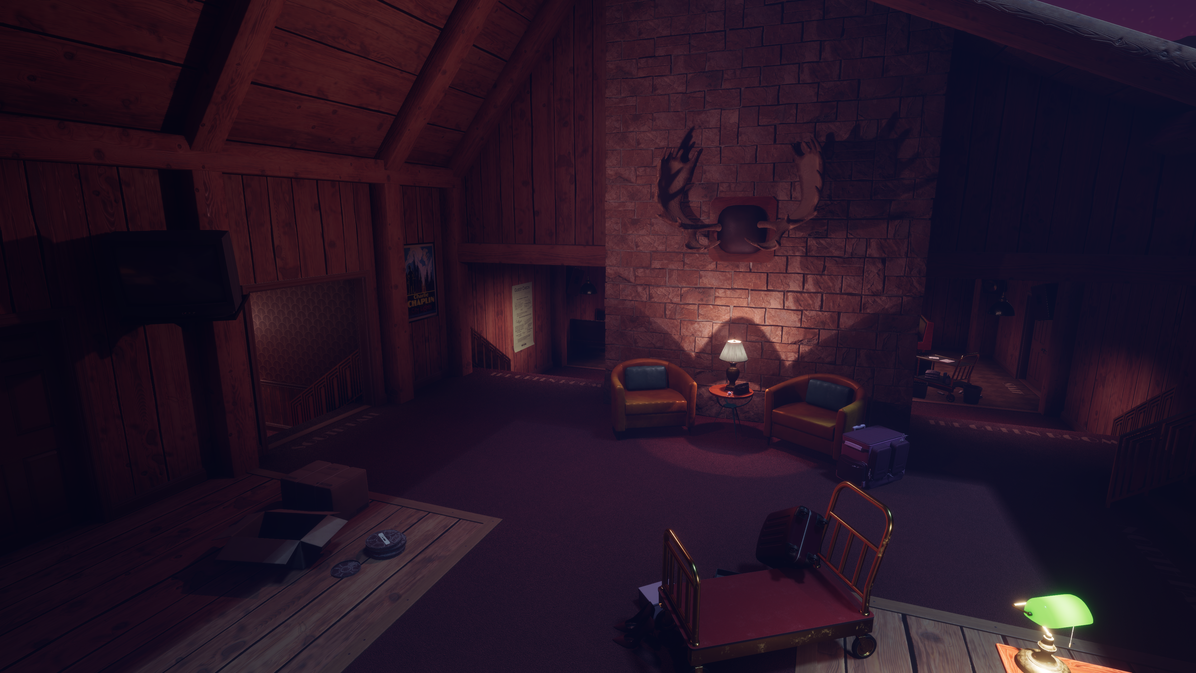 A screenshot showing the lobby of a hotel, full of warm wood tones, red carpet, and moose antlers on a wall.
